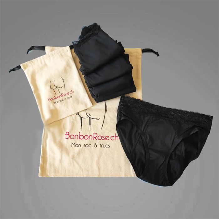5er-Pack sexy schwarze Menstruationshöschen mit Spitze Größe M + Packtaschen