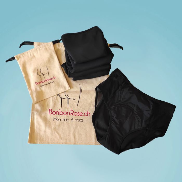 Packung mit 5 schwarzen Menstruationshöschen mit hoher Taille, Größe M (Schweizer Größe S) + Packtaschen