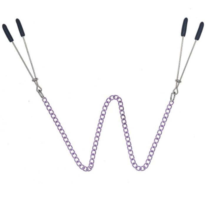 Pinces à tétons avec chaine métal violette et embouts noirs en silicone