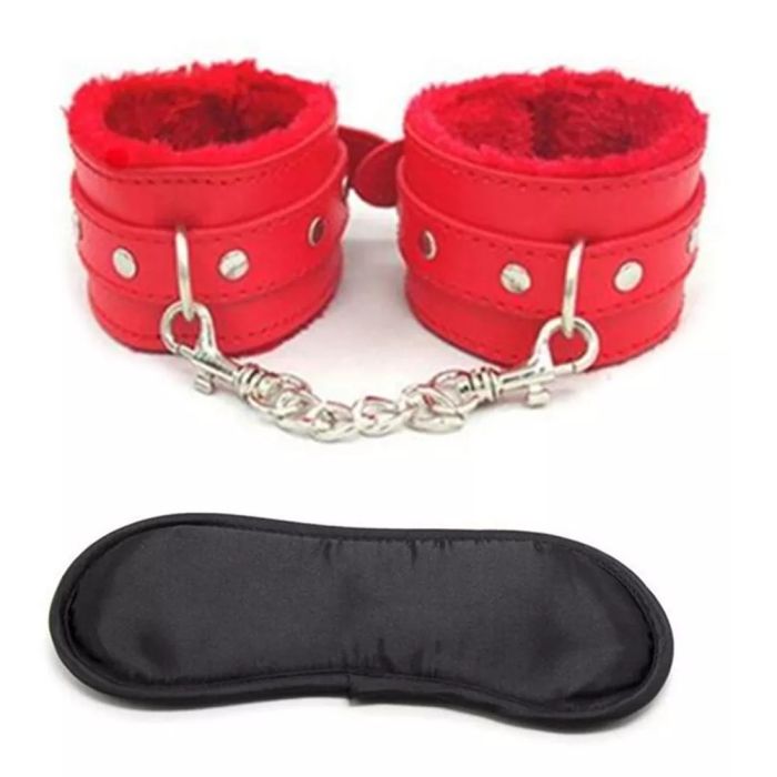 Schwarzes Set Rote Handschellen aus Kunstleder mit Satinmaske