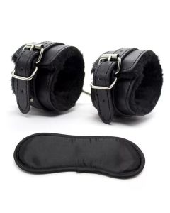 Schwarzes Set Handschellen aus Kunstleder mit Satinmaske