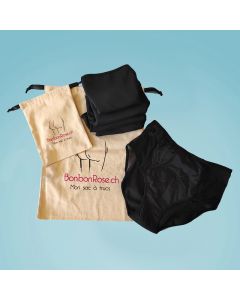 Packung mit 5 schwarzen Menstruationshöschen mit hoher Taille, Größe S (Schweizer Größe XS) + Packtaschen