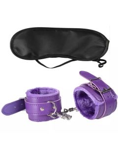 Purple set Menottes en simili cuir avec masque satiné noir